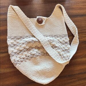Elegant Cream and Tan Crochet Shoulder Bag